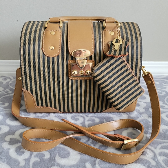 Source Unknown Handbags - Doctor's Bag, Tan & black pinstrips, cognac colored detail, gold hardware, Vegan